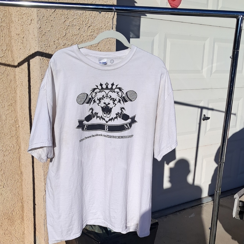 Gildan White Short Sleeve Tee with Lion Graphic EBM Records USA (Eddy Boche )
